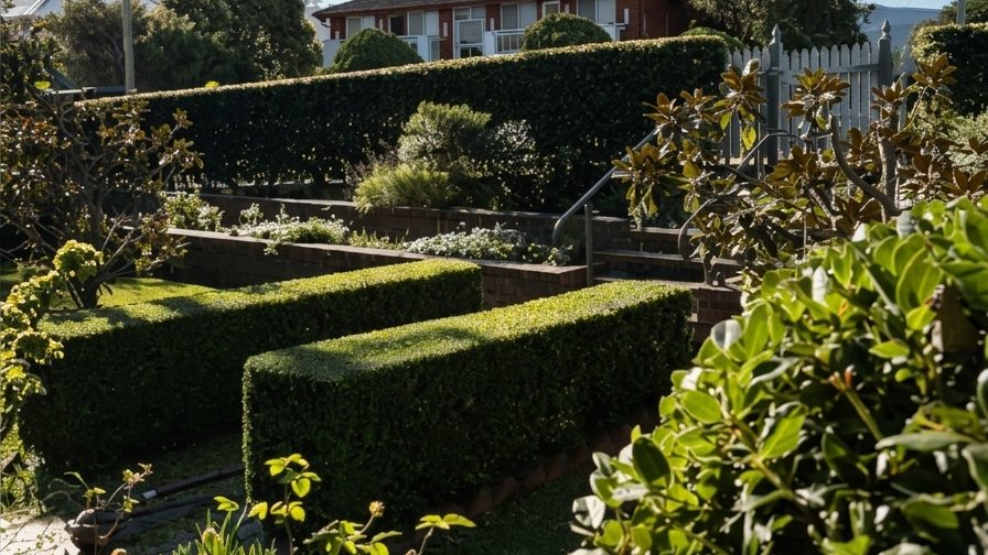 A tall clipped lilly pilly hedge behind two low formal hedges and brick-edged garden beds, with glossy new foliage in the foreground