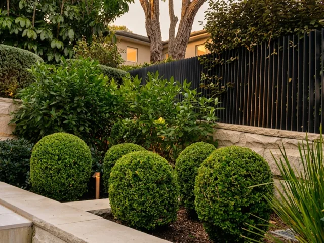Row of shrubs trimmed into neat balls in a mulched garden bed, framed by a sandstone retaining wall, black timber fence and strappy-leafed plants