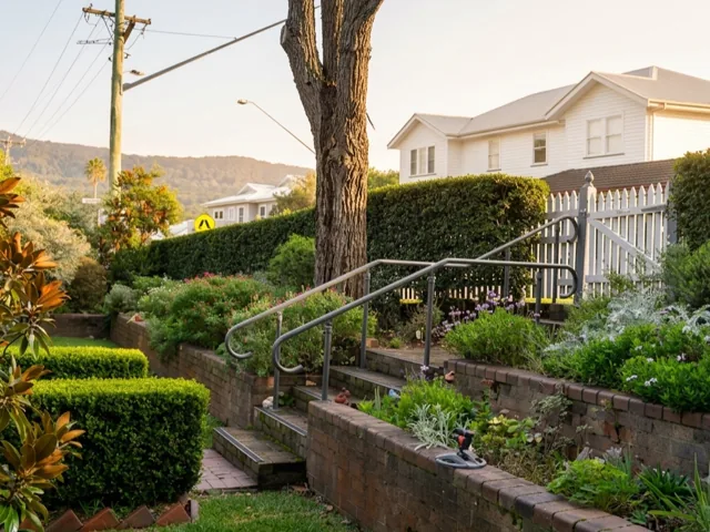 Terraced front garden with brick retaining walls, a steel handrail beside brick steps, flowering ground plants and silver-leafed shrubs